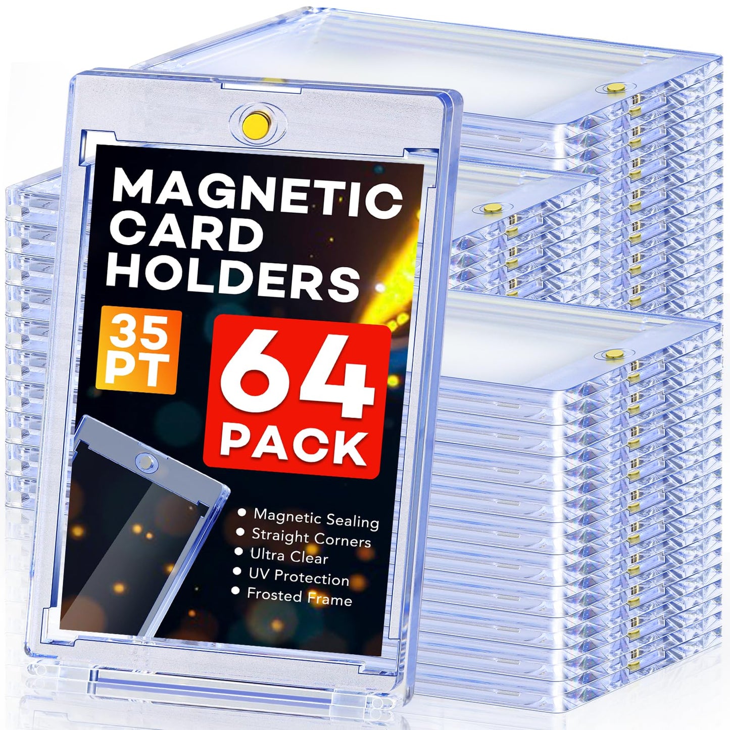 ZENOWICK 64ct Magnetic Card Holders, 35pt One Touch Card Holder, U-V Protection Hard Plastic Case for Trading Cards, Display Case for Sports, Baseball, Football, Game Cards