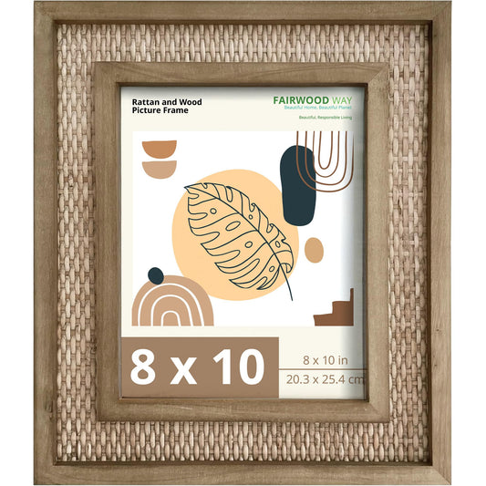 Fairwood Way Rattan Frame for 8x10 Photos, EACH UNIQUE Natural Fir Wood, Handwoven Rattan Mat, Boho Picture Frame, 8x10 picture frame for Wall/Table Mount (12.5" x 14.5" Outer), Coastal Decor