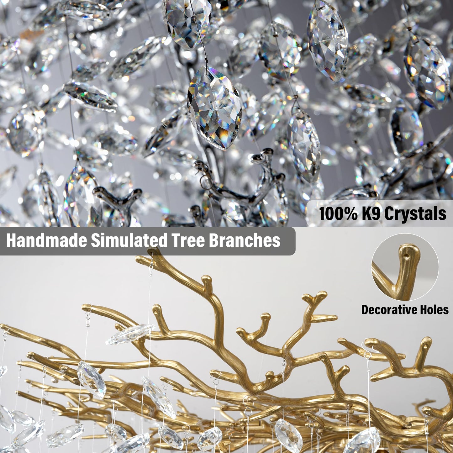 118'' Long Crystal Chandelier for High Ceiling, 28-Light Modern Gold Tree Branch Chandelier, Large Chandeliers for Foyer Entryway Staircase Living Room, 5-Tier Luxury K9 Crystal Raindrop Light Fixture