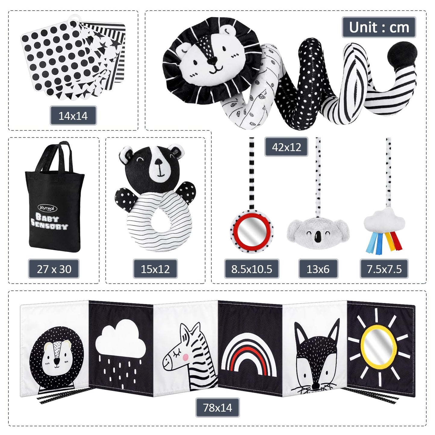 Joyreal High Contrast Baby Toys for Newborn, Black and White Baby Sensory Toys with Car Seat Toys,Infant Toys with Black White Cards Book, Montessori Toys for Baby Gifts