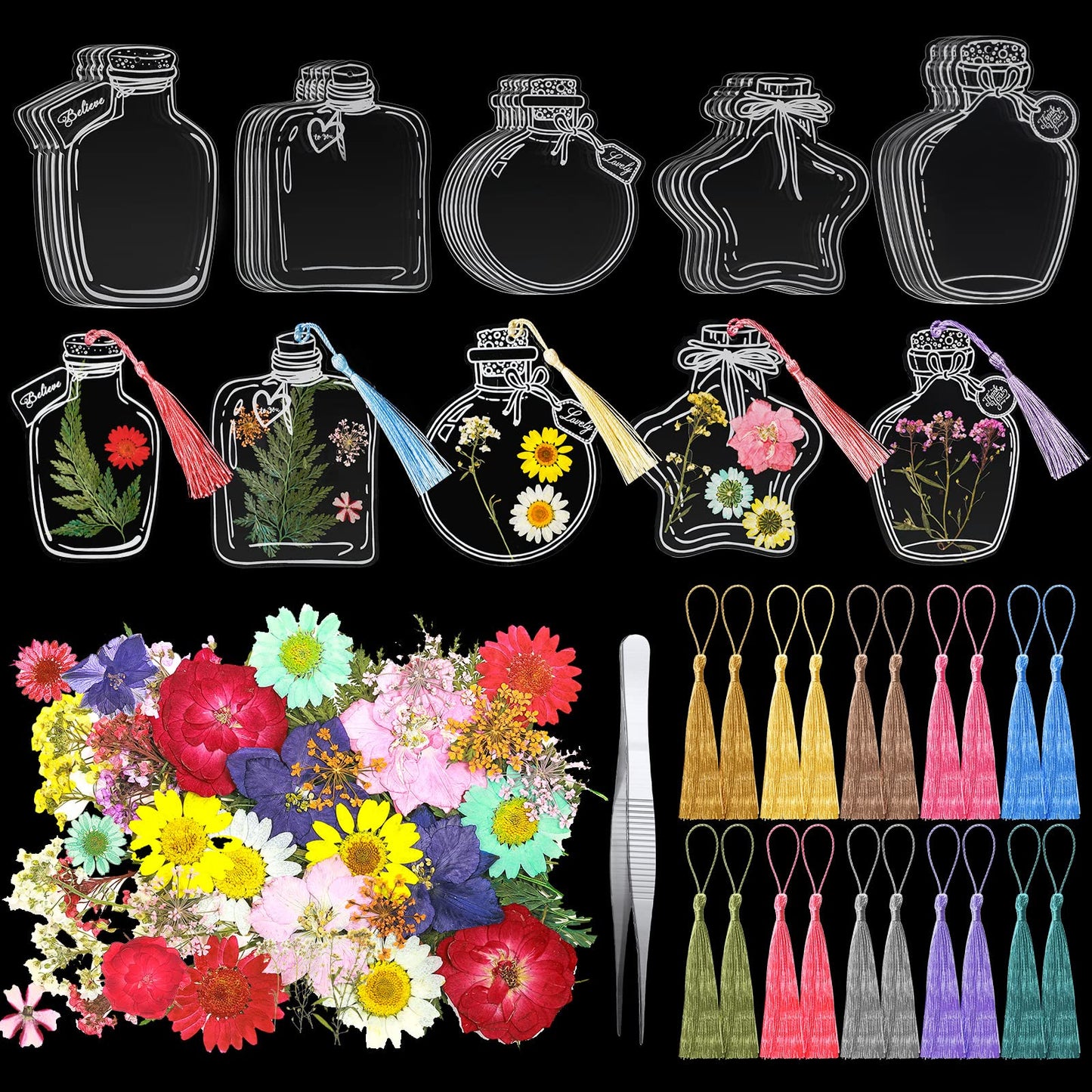 TaoBary 91 Pcs DIY Handmade Transparent Dried Flower Bookmark Set Include Butterflies Clear Bookmarks Dried Flowers Colorful Tassels and Tweezer for Book Bottle Supplies(Classic Color)