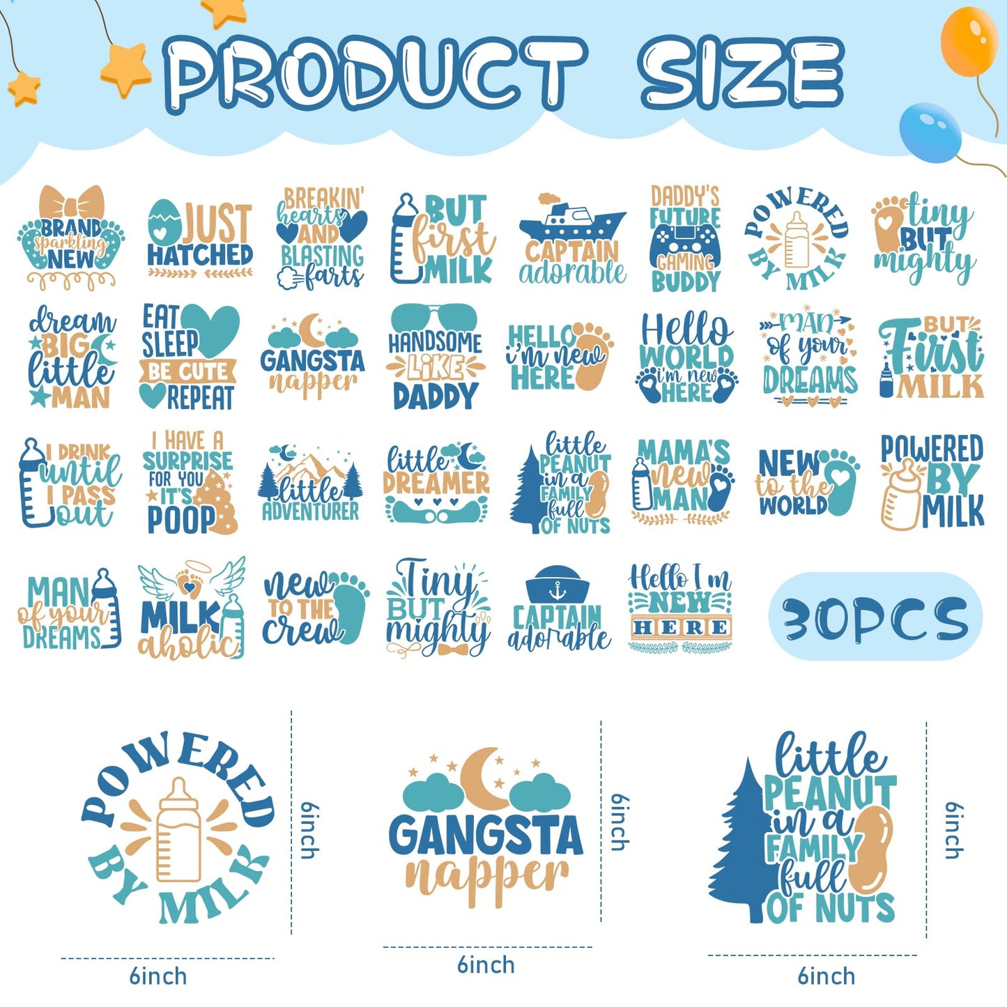 Dazoratix Baby Heat Transfer Stickers - 30 Sheets Ready to Press Blue Iron on Transfers Designs Decals Onesie Decorating Kit for Boys Shower Gender Reveal Party Bodysuit T-Shirts Clothing DIY Applique
