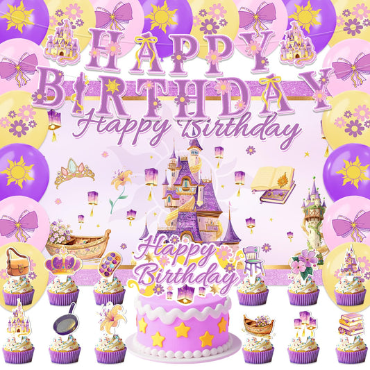 42pcs Purple Castle Birthday Party Decorations Includes Cake Toppers,Cupcake Toppers, Banner, Backdrop, Balloons - Princess Theme Party Supplies Set for Baby Shower