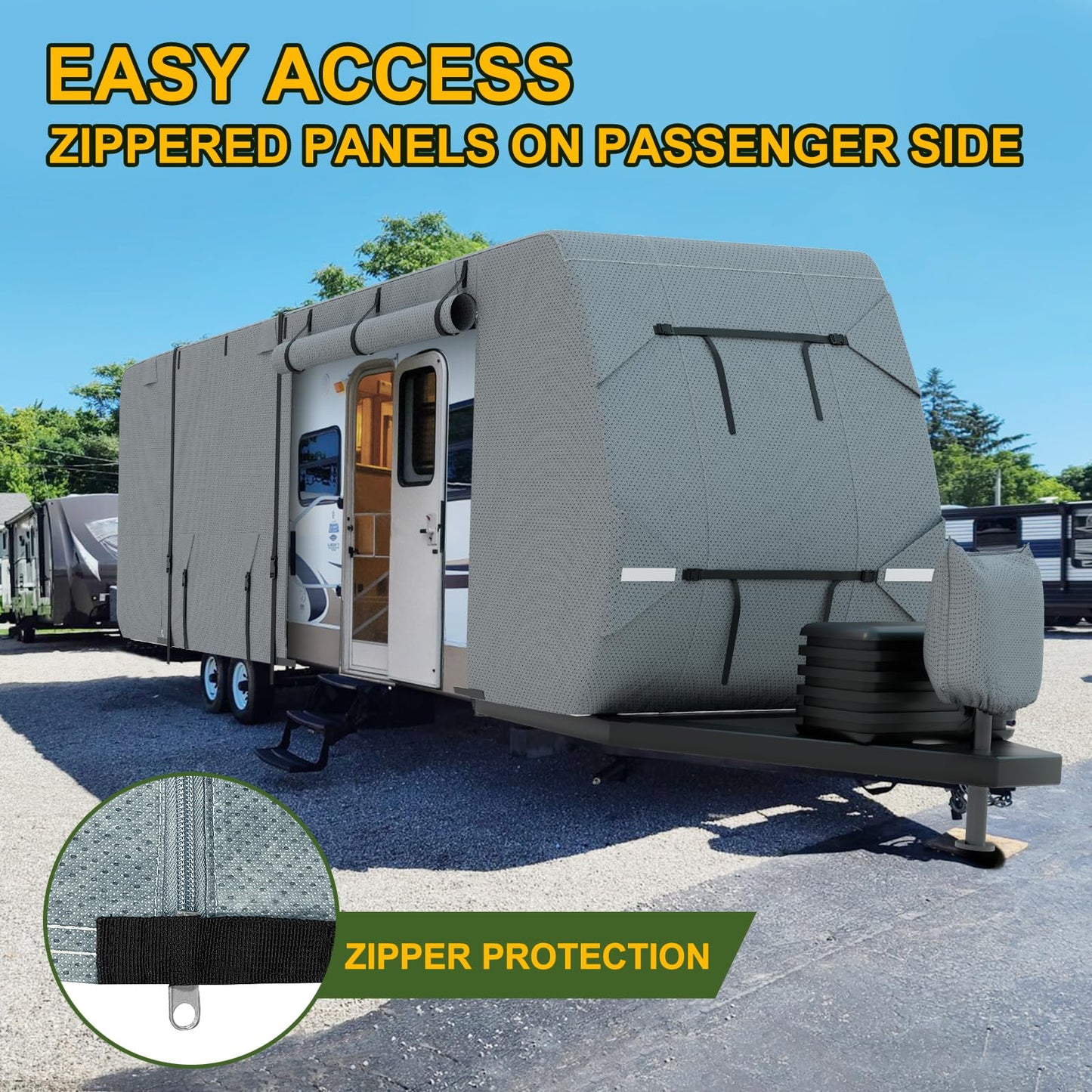 Mofeez Travel Trailer RV Cover, Extra-Thick Upgraded 7 Layers for Camper Cover 24'-27' Windproof Waterproof Rip-Stop RV Covers with Adhesive Repair Patches, 2Pcs Extra Straps & 4 Tire Covers