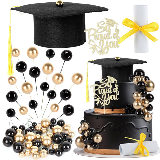 43Pcs Graduation Cake Kit Included Felt Grad Cap with Tassel Gold Black Balls Graduations Party Supplies So Proud of You Cupcake Topper for Congrats Senior High School College Parties Decor(Gold)