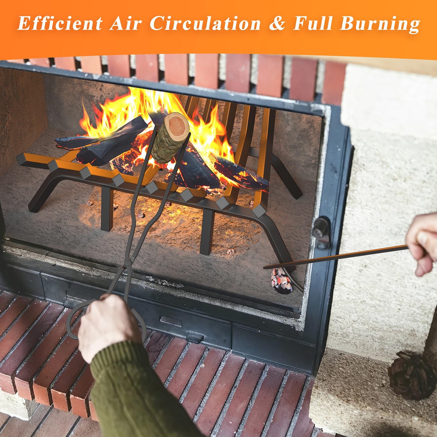 Jusgym Fireplace Grate 24 Inch with 8 Support Legs, Solid Steel Heavy Duty Fireplace Log Holder with Fire Log Tongs & Fire Poker, Fireplace Log Grate for Indoor Fireplace and Outdoor In-ground Firepit