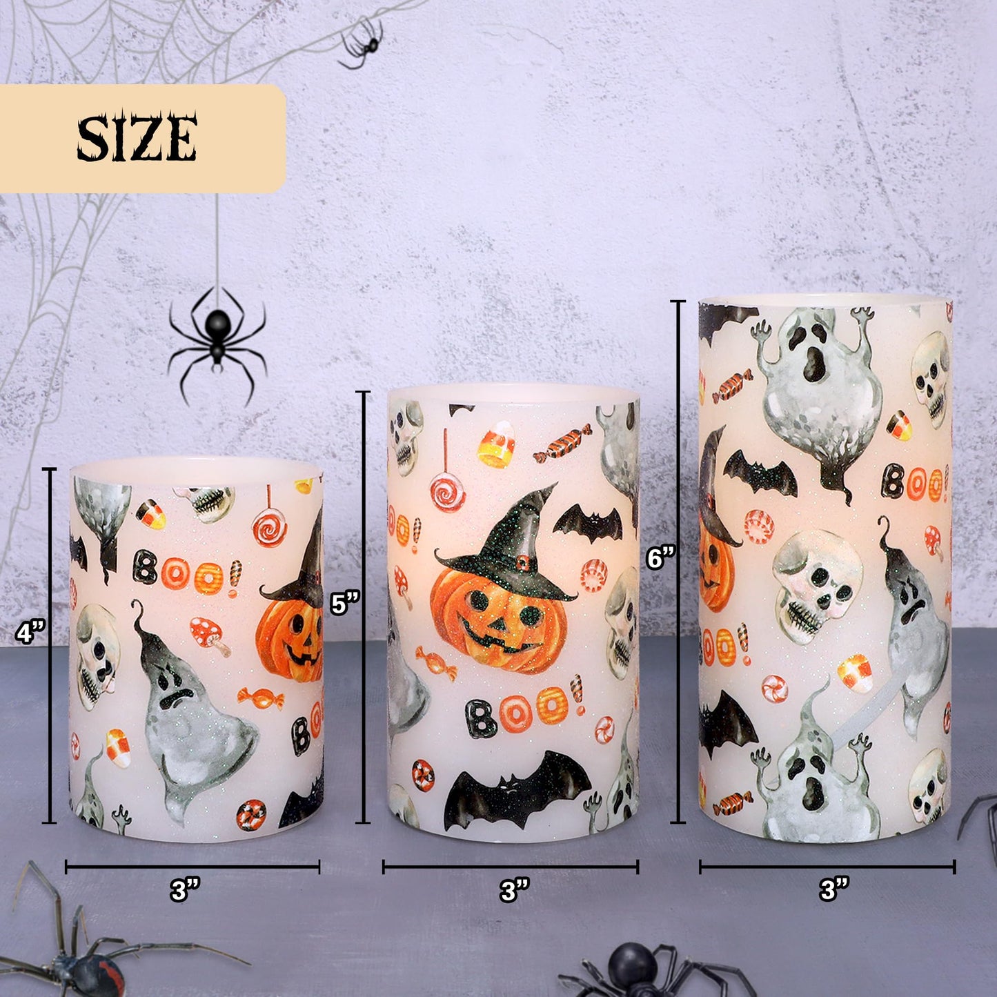 Halloween Ghost Flameless Candles with Remote Timer Cute Cartoon Pumpkin Skull Bat Battery Operated Real Wax Flickering LED Pillar Candle Horror Spooky Decoration for Halloween Home Party House Gifts