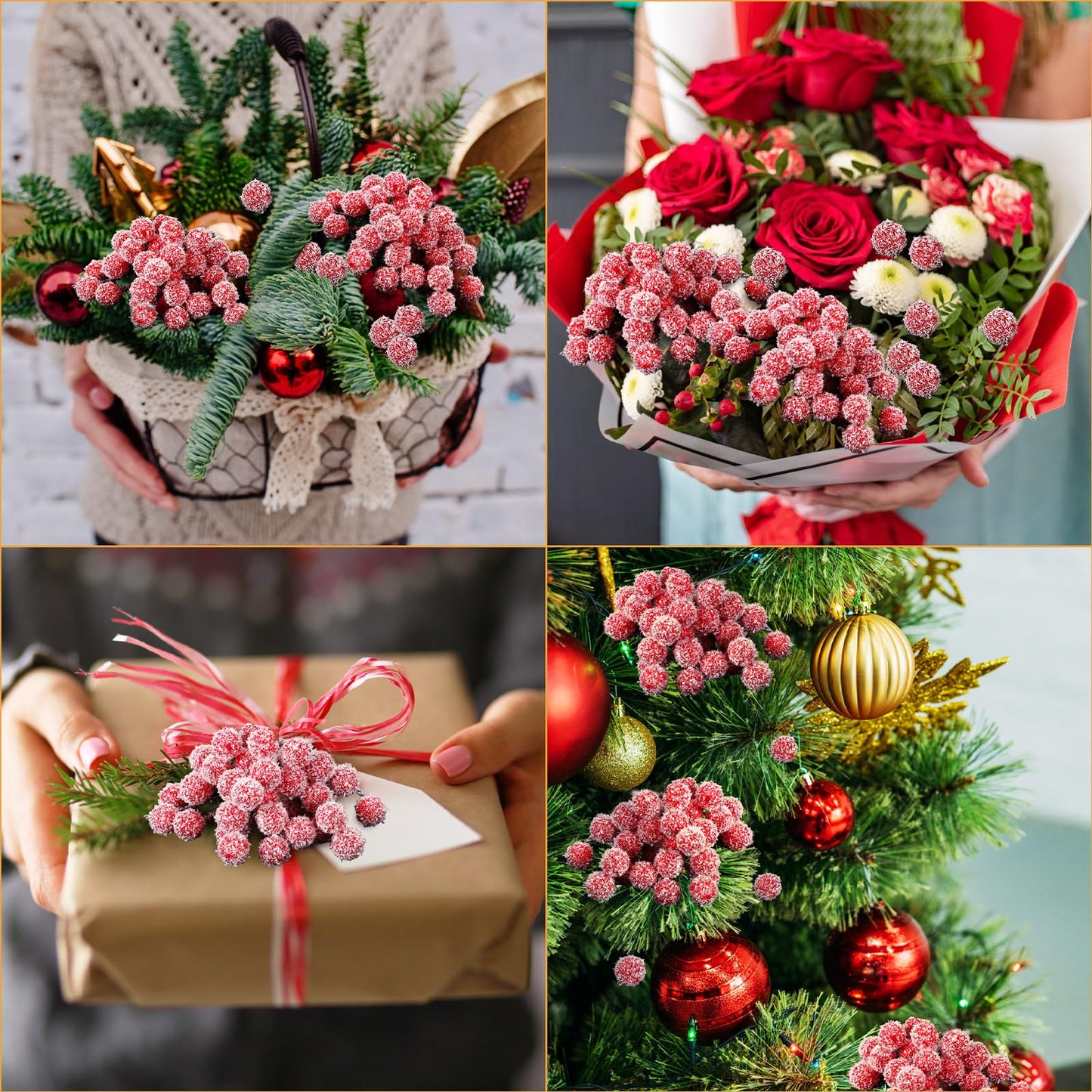 Suncalla 300 Pcs Snowy Artificial Holly Berry Stems Christmas Berry Picks Bulk Mini Fake Red Picks Flocked Ornaments for Christmas Tree Branches Fillers Wreath Home Xmas Winter Holiday Decorations