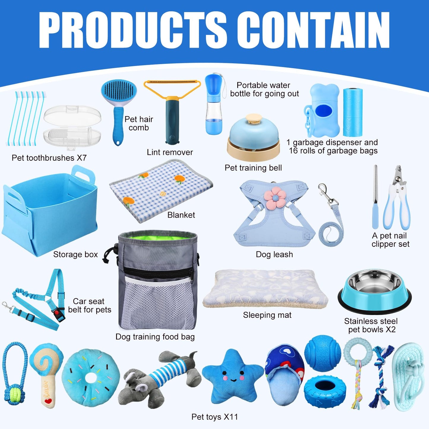 Abbylike 50 Pcs Puppy Supplies Starter Kit for Small Dogs Puppy Essentials Includes Leash, Bowls, Teeth Brushes, Water Bottle, and More Accessories for Dogs Pet Day Welcome Gift(Blue)
