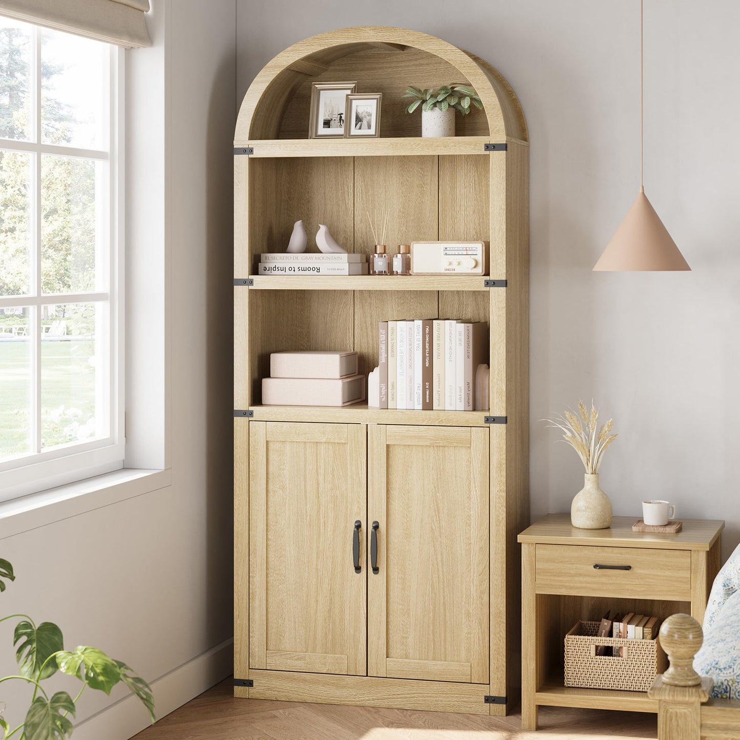 GarveeHome Bookcase with Doors Arched Bookshelf 71.65 in Tall Bookcase Farmhouse Cabinet with Shelves Wooden Bookshelves for Home Office, Living Room (Light Oak)