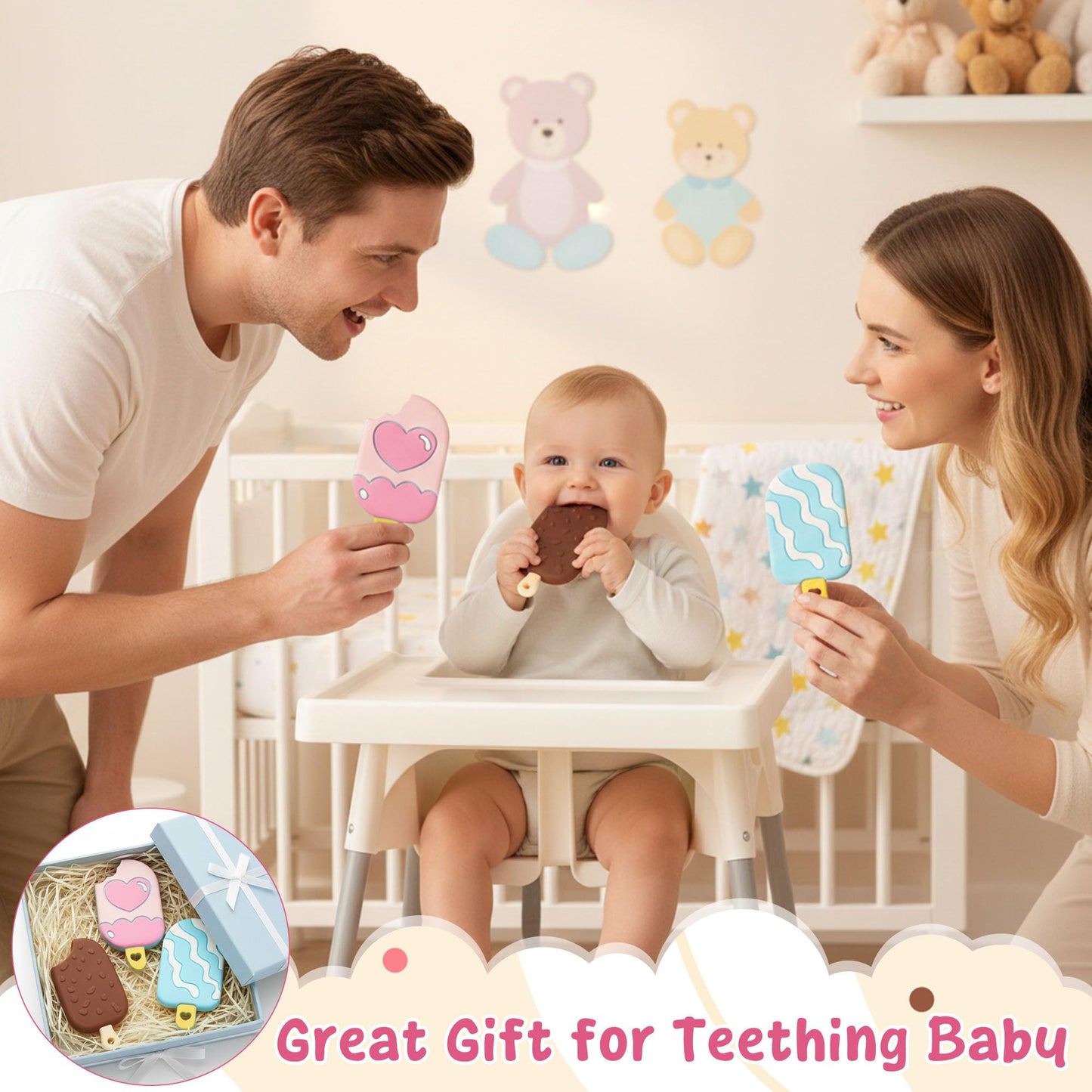 Summer Silicone Teether Toy for Babies - 2ooya 3Pcs Ice Cream BPA Free Food Grade Teething Sensory Toys Infant Toddler Soft Sore Gums Pain Teething Relief Chew Teether for Newborn 6-12 Months Birthday