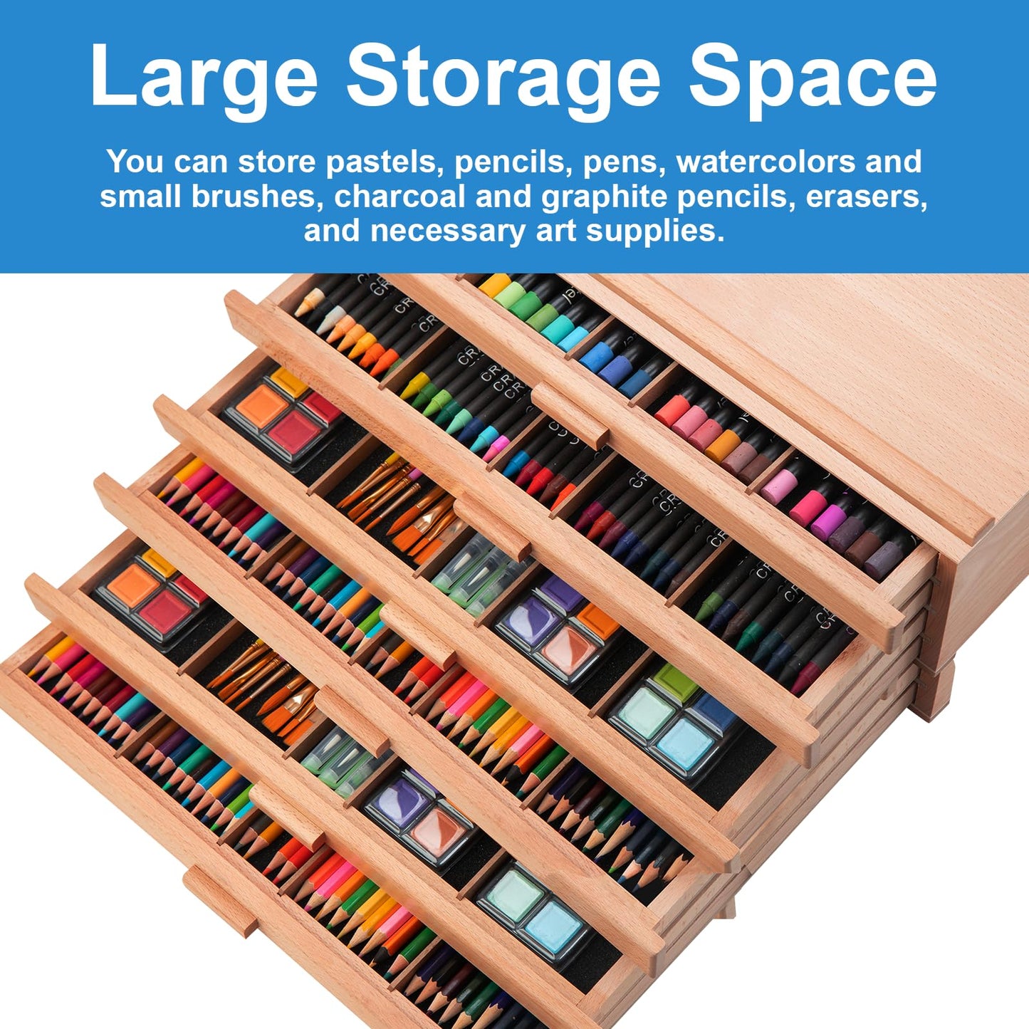 Falling in Art 6 Drawer Artist Supply Storage Box, Wooden Pastel Storage Box, Portable Organizer Box for Pastels, Pencils, Markers, Brushes and Art Supplies