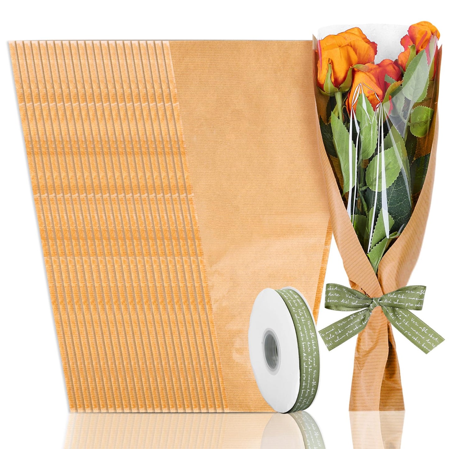 Whaline 50 Pcs Flower Wrapping Bags with Sage Green Ribbon Mother's Day Clear Floral Bouquet Cellophane Sleeves Brown Florist Packaging Supplies for Wedding Graduation Anniversary, 17.9x9.8x3.9 Inch