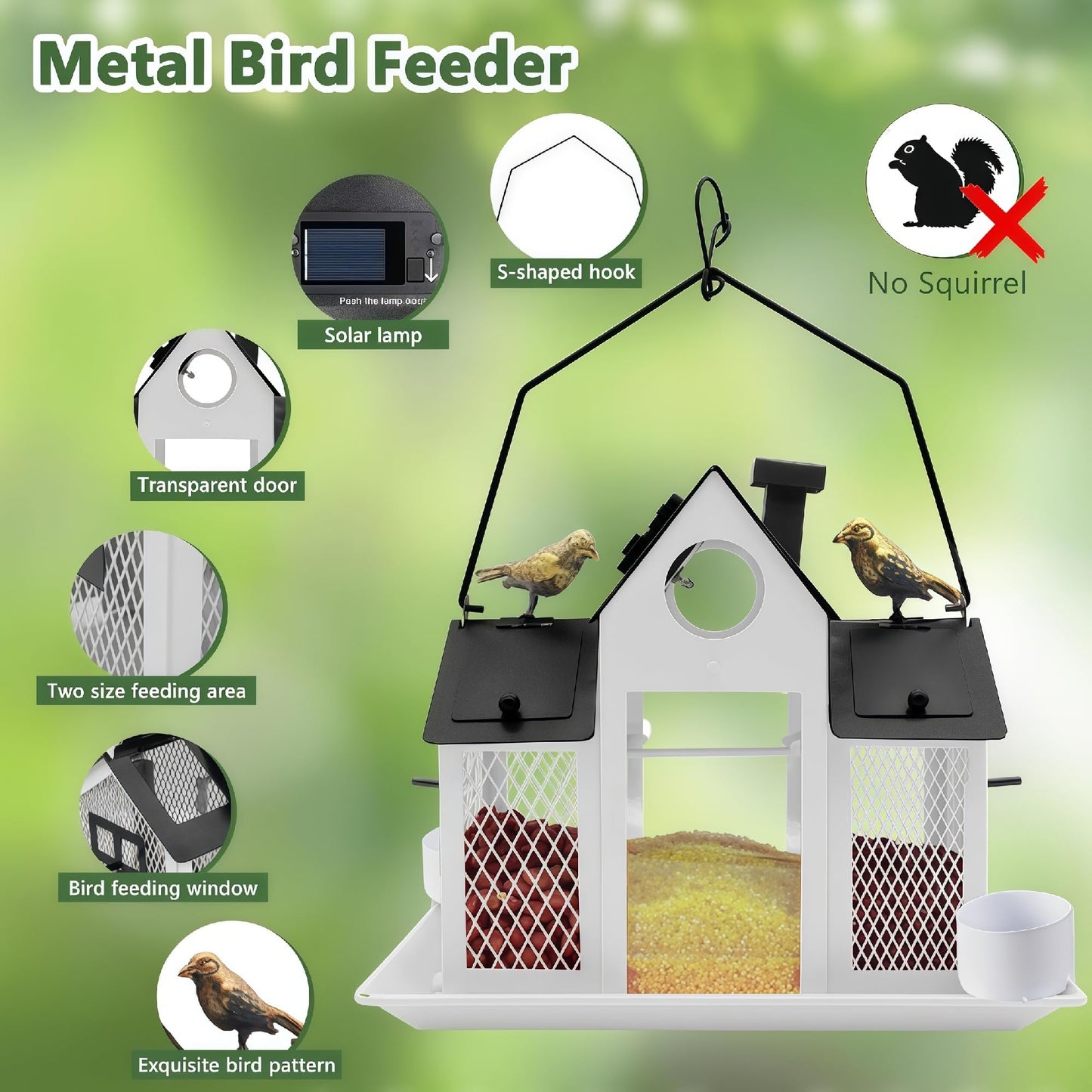 Solar Bird Feeders House for Outside Hanging, Metal Wild Bird Feeder for Outdoors Large Capacity Cardinal Birdfeeder Birdhouses Metal Bird Feeding Station White