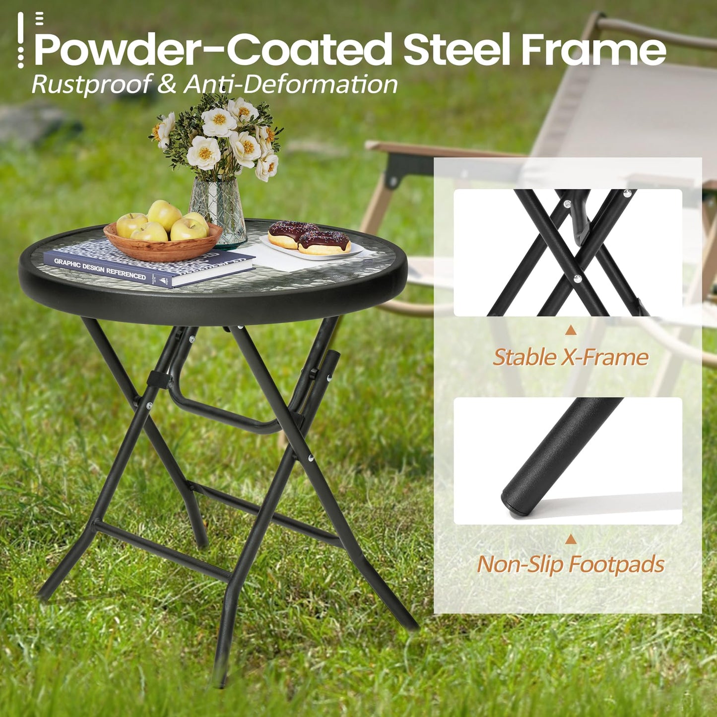 PATIOHIT Foldable Side Table with Tempered Glass Top 18" Outdoor Folding Side Tables Small Glass Patio Table for Porch Yard Balcony Deck Lawn Dining Garden (Black)