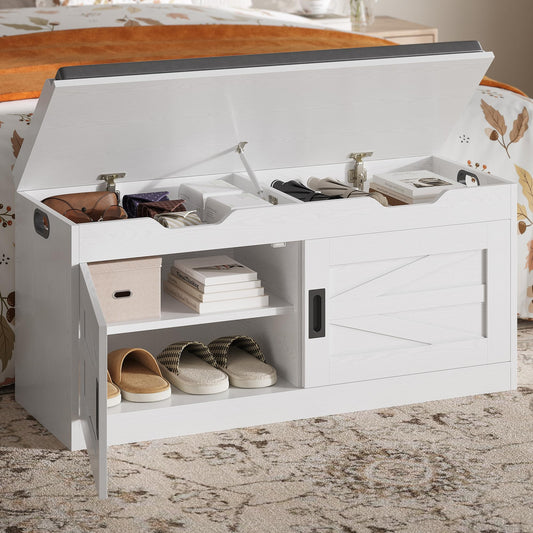 IRONCK Shoe Bench with Lift Top Storage, 42.4" Entryway Bench with Wider Cushioned Seat, End of Bed Bench with Adjustable Shelf & 2 Doors for Hallway, Bedroom, White
