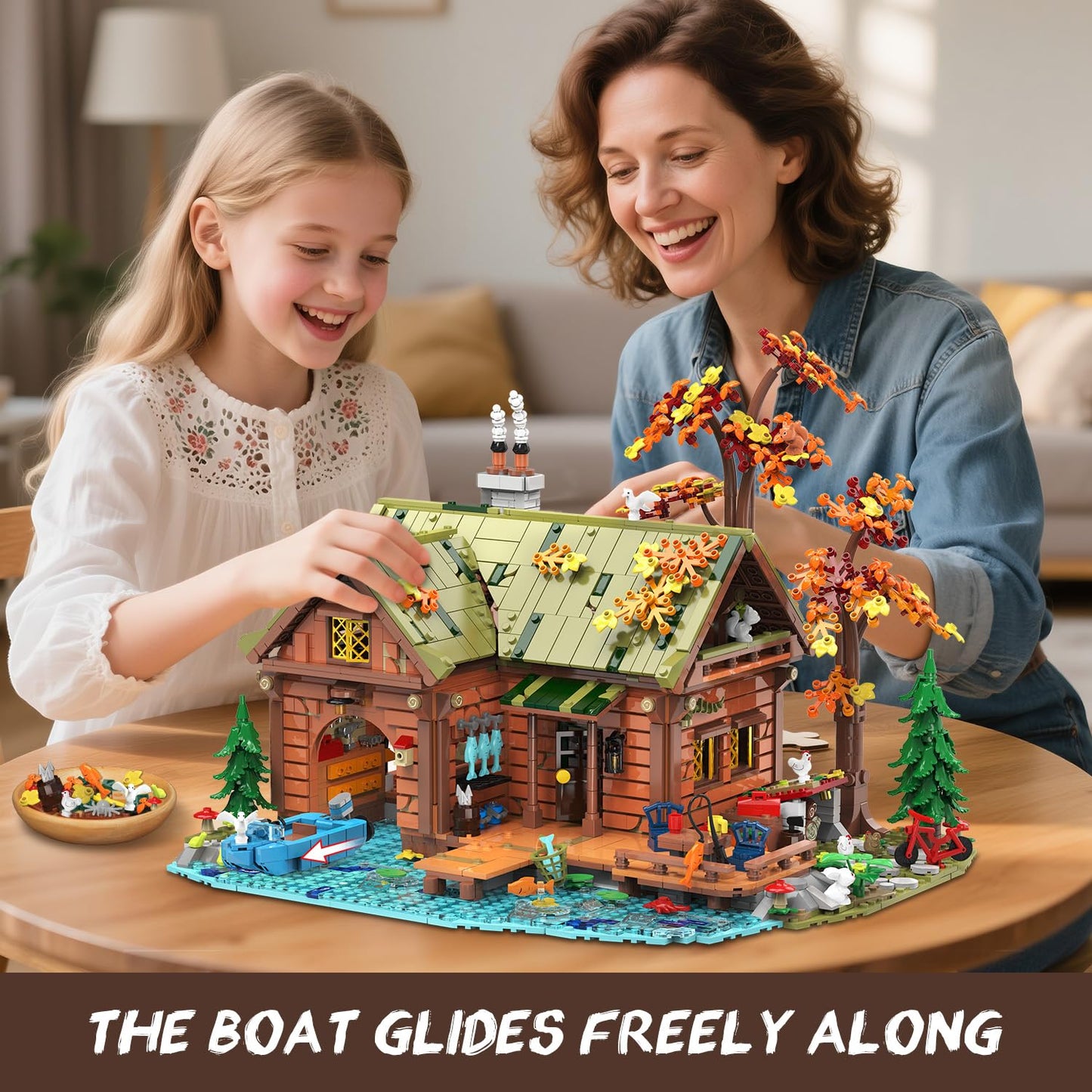 INSOON Overwater Cabin Mini Building Set with Light, 2423 PCS Wooden Forest House Building Block Toy with Boat Bike Animals, Home Decor Treehouse Construction Model Kit for Adults Teens Boys Girls 12+