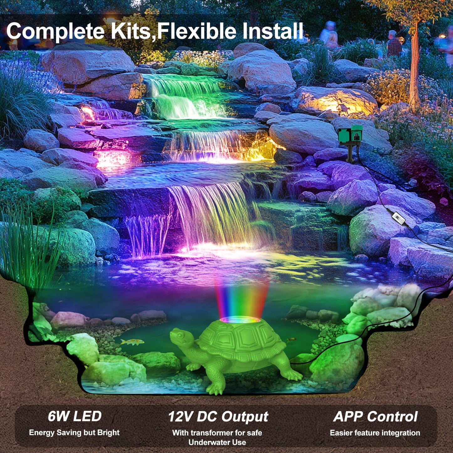 OSREE Pond Light LED Underwater with 12V Transformer, 6W Turtle Pond Lights with APP, IP68 Waterproof Fountain Lights with 32FT Cables for Ponds Fountain Waterfall Yard Water Feature, 1 SpotLights