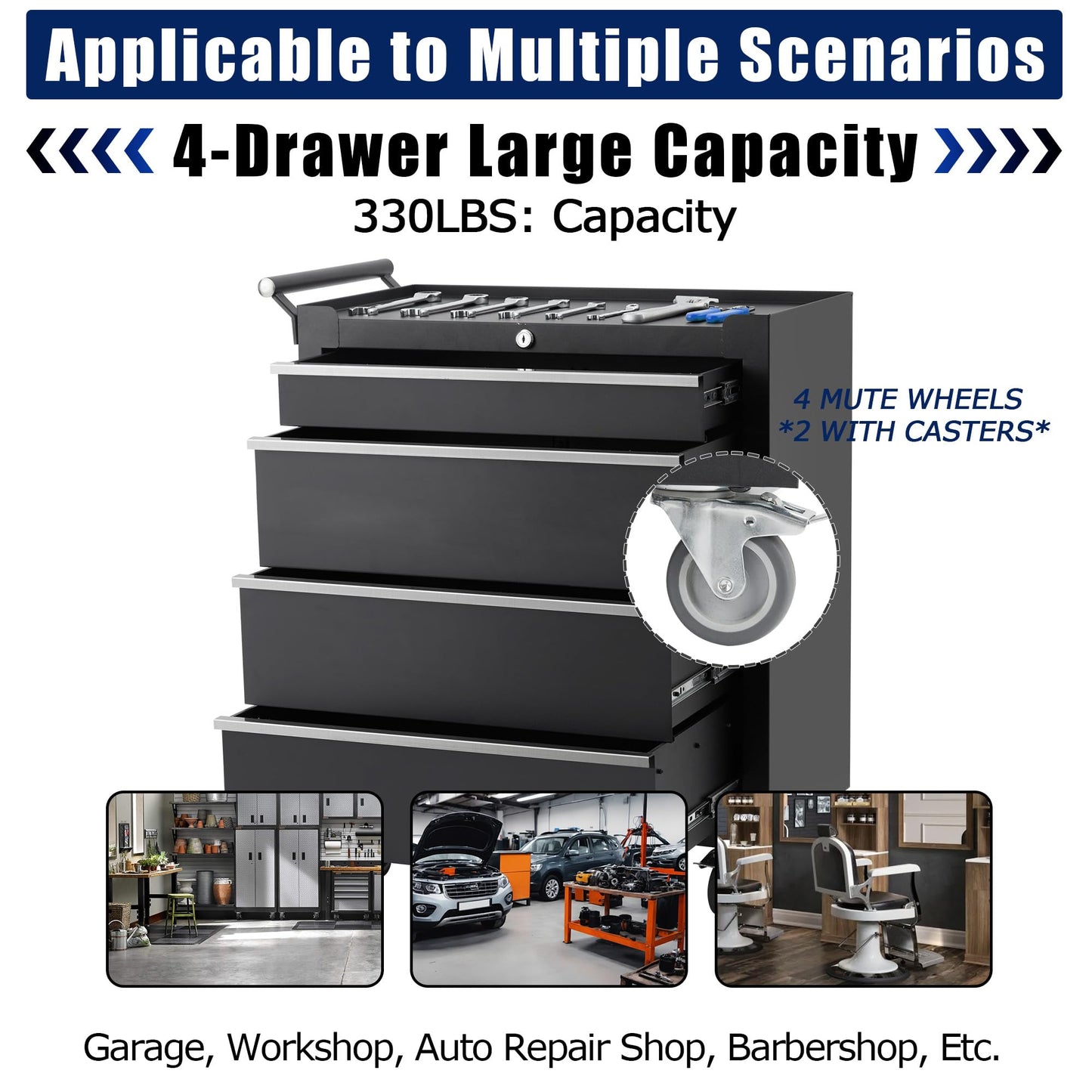 Rolling Tool Chest, 4 Drawers Tool Storage Cabinet with Wheels, Portable Tool Cabinet Organizer with Locking System & Drawer Liners,Universal Lockable Wheels, Tool Storage Cart for Garage, Workshop