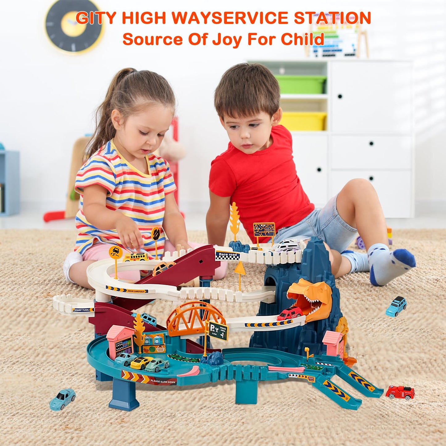Toy Car Ramp Track, Climbing Hills Railcar Colorful Vehicles Construction Play Set with 12 Mini Racer Cars for Kids 3+(Dinosaur)