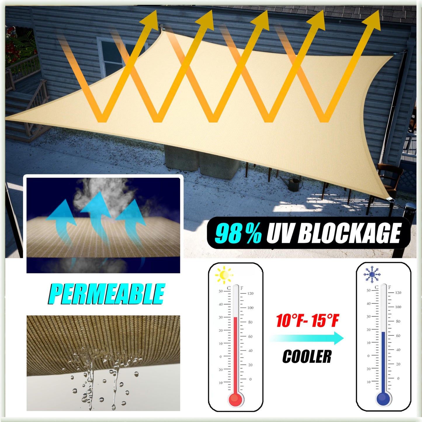 Amgo 16' x 16' Beige Rectangle Square Sun Shade Sail Canopy Awning Fabric Mesh AGSLR, 95% UV Blockage, Water & Air Permeable, 200GSM Heavy Duty Commercial and Residential (We Make Custom Sizes)
