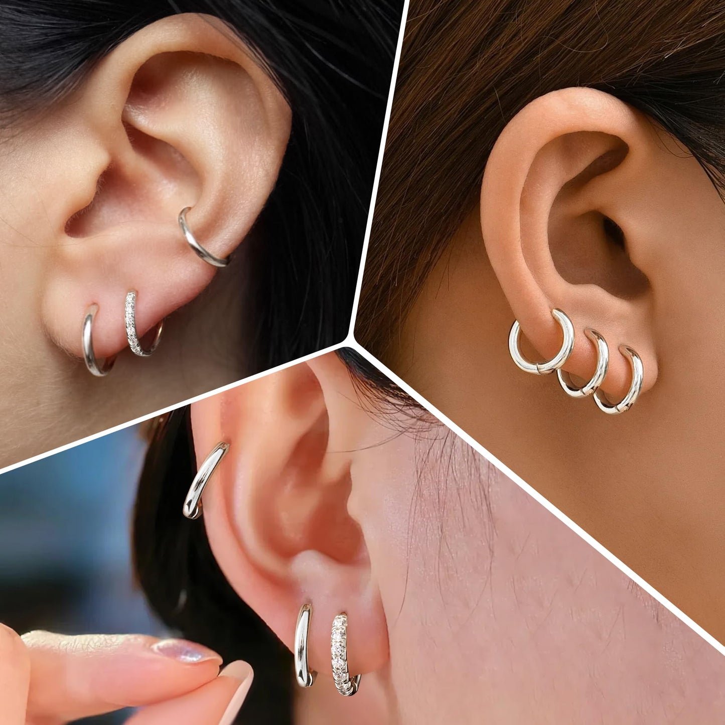 10mm Silver Hoop Earrings for Women Men Silver Plated Stack Cartilage 3 hole Earrings for Multiple Double Piercing Lightweight Clip On Jewelry Gifts for Men