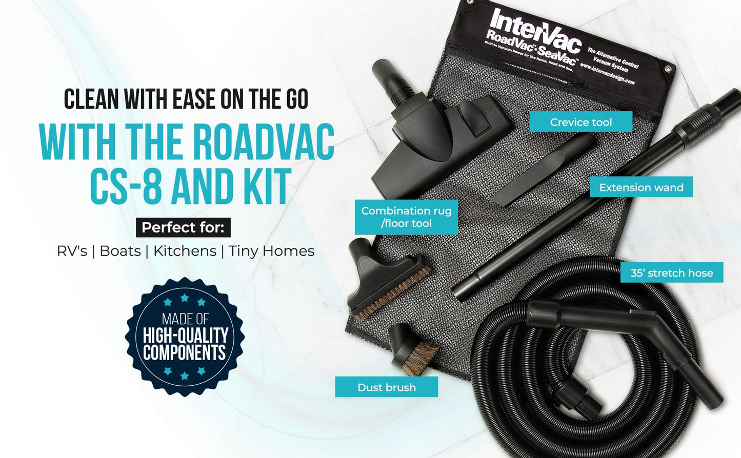RoadVac Z1-CS-8-CORD RV Central Vacuum System | Wall-Mounted Built-in Vacuum for RVs, Boats & Tiny Homes | Compact Central Vacuum with 35′ Stretch Hose & Tool Kit