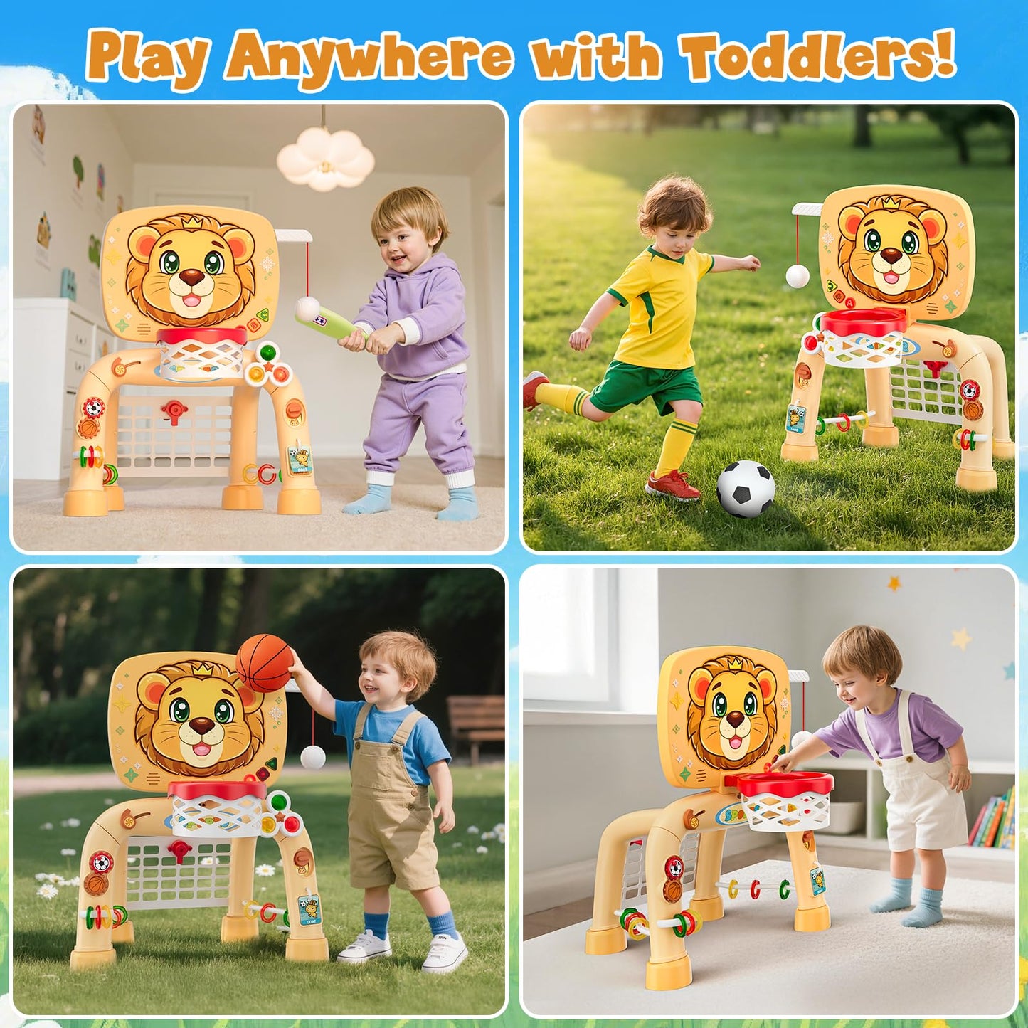 HYES Toddler Basketball Hoop Tball Set & Soccer Goal - Lion Sport Toys for 1 Year Old Boy with Learning Activities (Abacus/Alphabet/Animals Sounds) Christmas Birthday Gifts for Baby Boy Age 1 2 3