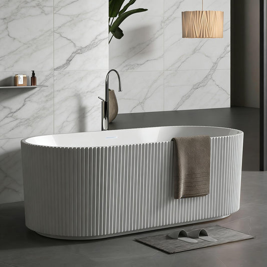 67'' Freestanding Bathtub, Deep Soaking Tub, Non-Slip Base, Acrylic, cUPC Certified Free Standing Tub, Chrome Drain Bath Tub, Modern Tub for Bathrooms, White