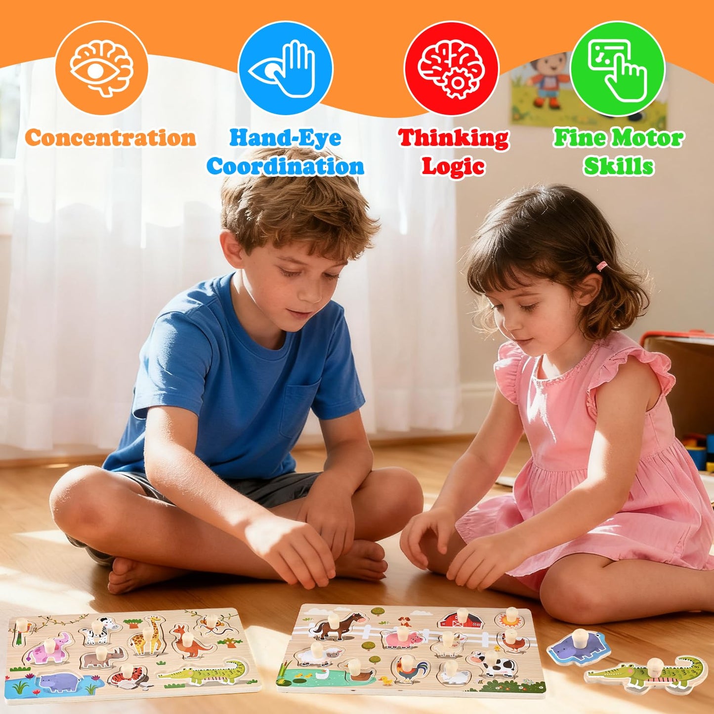 WoodTrove Wooden Peg Puzzles for Toddlers 1-3, 2 Pcs Montessori Puzzles, Zoo & Farm Animal Puzzles, Great Preschool Educational Learning Gifts for Girls and Boys