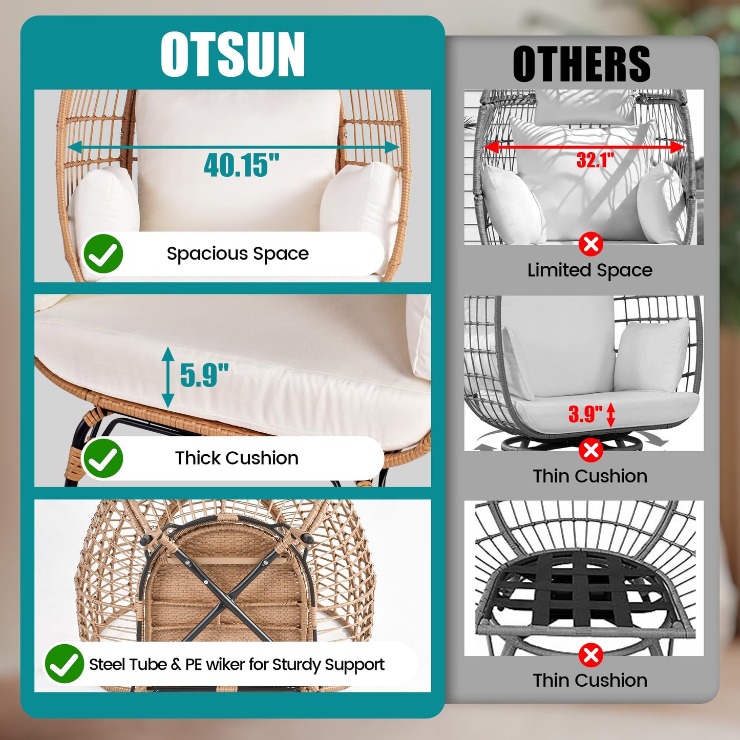 OTSUN Outdoor Egg Chair, PE Wicker Chair with 4 Thicken Cushions, Patio Chairs 440 lbs Capacity, Oversized Balcony Chairs with Durable Steel Frame Perfect for Balcony, Backyard, Bedroom-Ivory