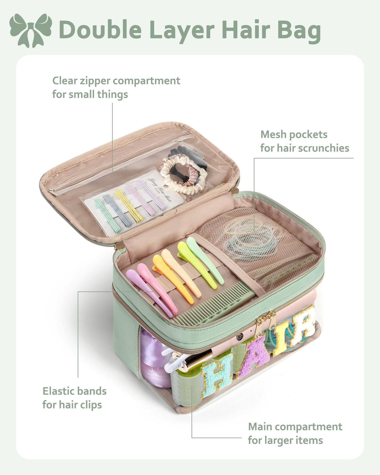 Fasrom Double Layer Hair Accessories Organizer, Preppy Patch Makeup Bag with HAIR Chenille Letter, Portable Travel Cosmetic Pouch Clear Toiletry Case for Women Girl, Green(Bag Only, Patent Design)