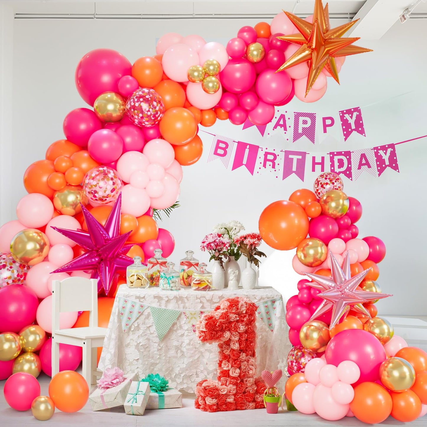 Bonropin Pink and Orange Balloon Arch Kit with Hot Pink Orange Metallic Gold Latex Balloons Garland kit 18 12 10 5Inch Different Size Balloons for Birthday Baby Shower Wedding Summer Party Decorations