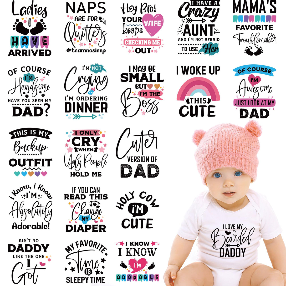 Funny Baby Iron on Transfers, 20 PCS Onesie Decorating Kit Baby Shower, Fun Heat Transfer Stickers, Iron on Decals for T Shirts Hoodie Bibs Bodysuit Clothing DIY Crafts