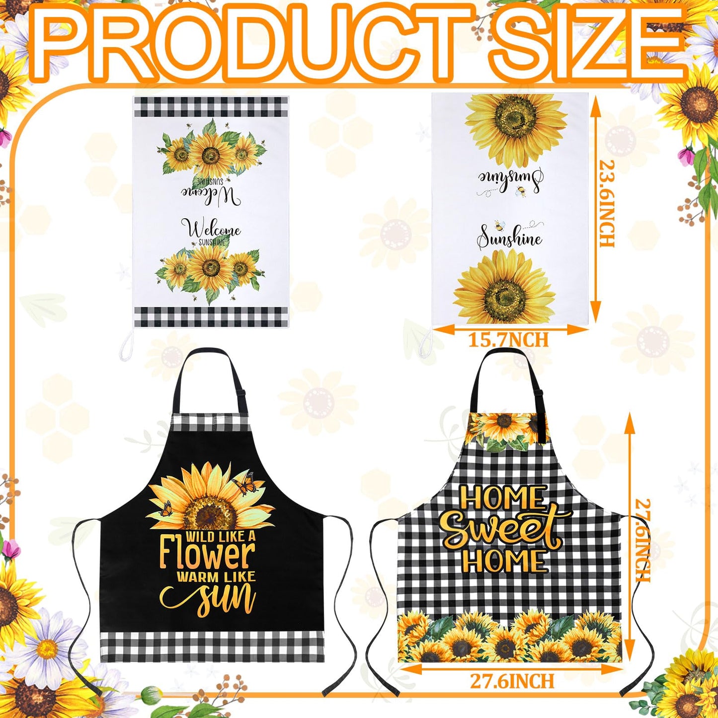 Bencailor 13 Pcs Sunflower Kitchen Set Sunshine Farmhouse Kitchen Decor Rustic Sunflower Dish Towels Retro Yellow Apron Oven Mitts and Pot Holders with Cute Wooden Tableware Set for Home