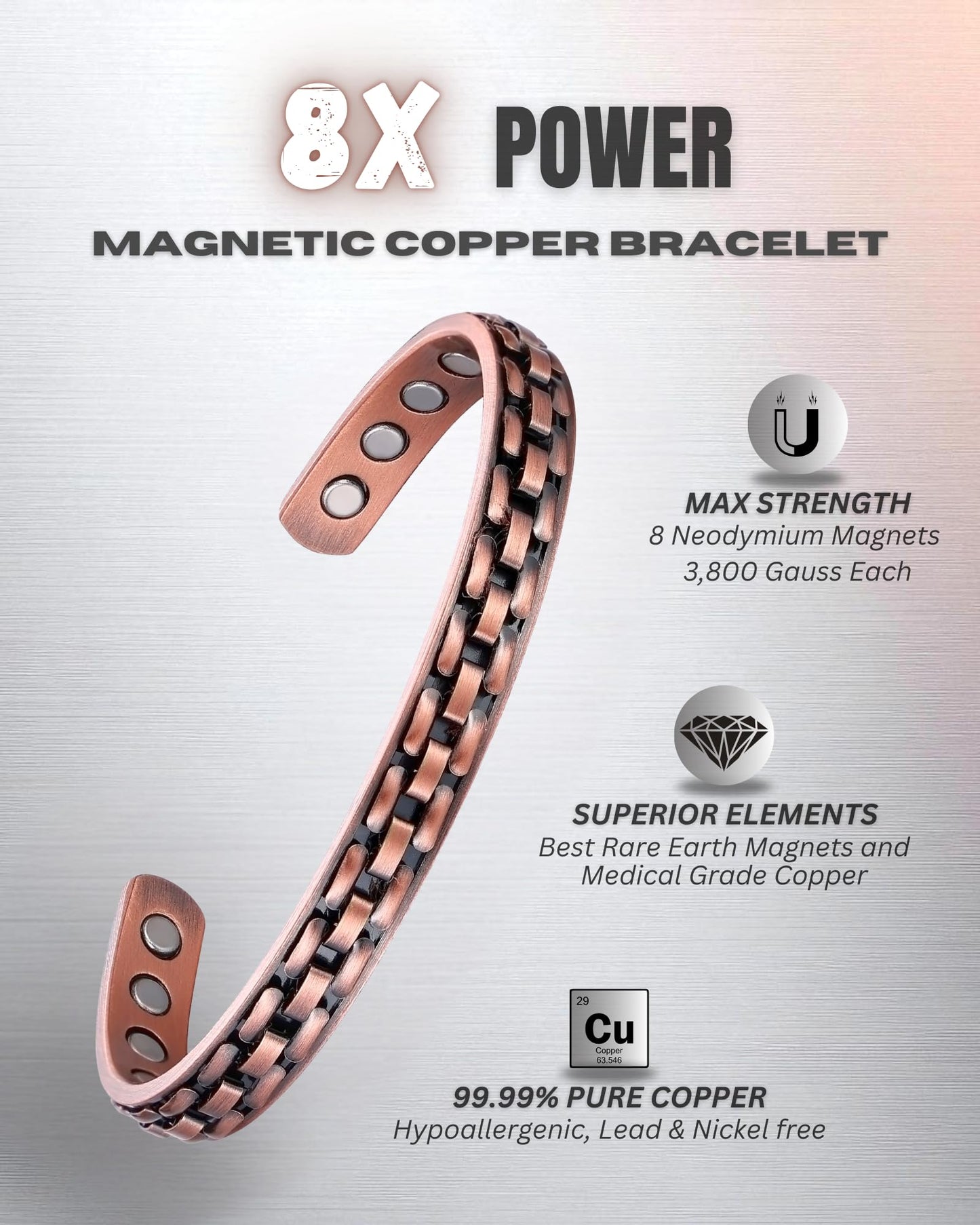 Westluna Magnetic Copper Bracelet for Men Women, 99.99% Pure Copper Bracelet, 8X Ultra Strength 3,800 Gauss Magnets for Lymph Drainage Relief Health Jewelry, Includes Gift Box, Polishing Cloth, Blank Blessing Card (Curb Inlay)