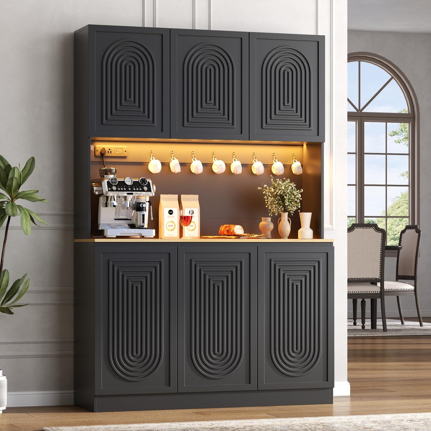 71" Black Kitchen Pantry with Power Outlet & LED Light, Large Kitchen Hutch Cabinet with Adjustable Shelf, Modern Buffet Cabinet with 6 Doors, Food Pantry Storage for Dining Room (Black 6 Doors)