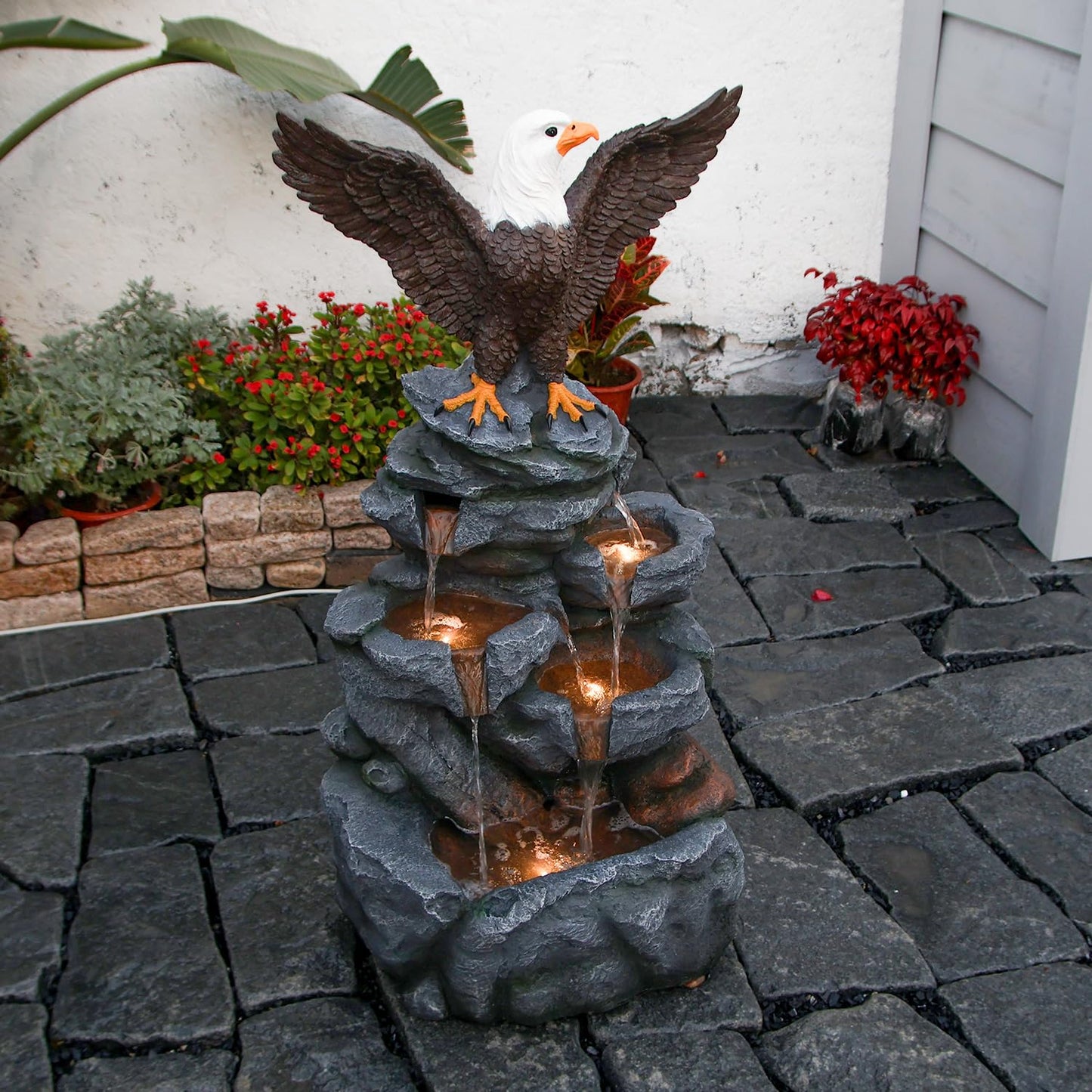 YZM Bald Eagle Statue Outdoor Fountain Tiered Cascading Rock Water Feature for Garden Patio Backyard Porch Deck 38.58" Tall Outdoor Waterfall Sculpture Elegant Garden Decor