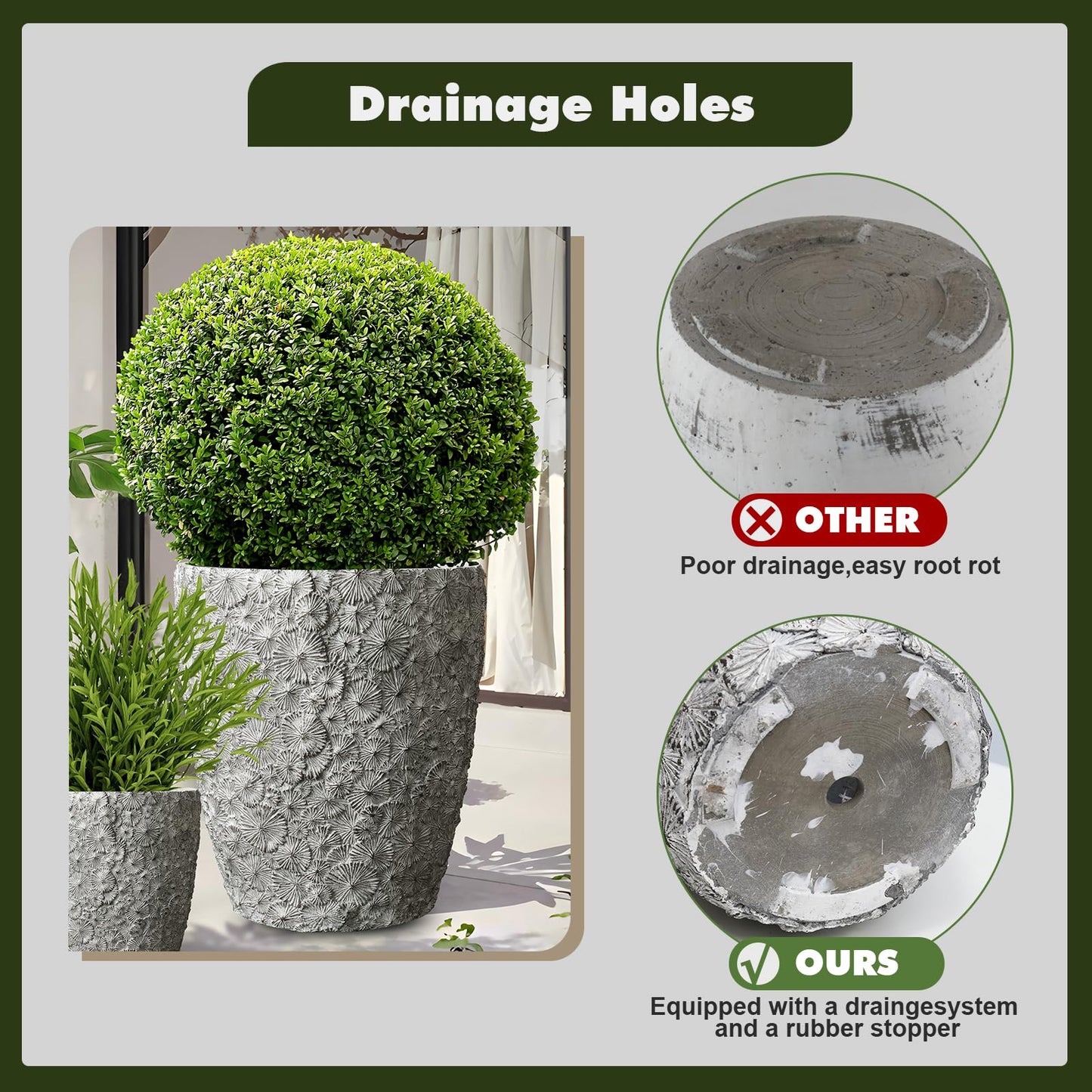 ShangDemonMaster Craft flowerpots 16"+12"+10" Dia Round Concrete Planter Set of 3 Large Outdoor/Indoor Planter Pots Containers with Drainage Holes and Rubber Plug for Home Garden (Grey, Large)