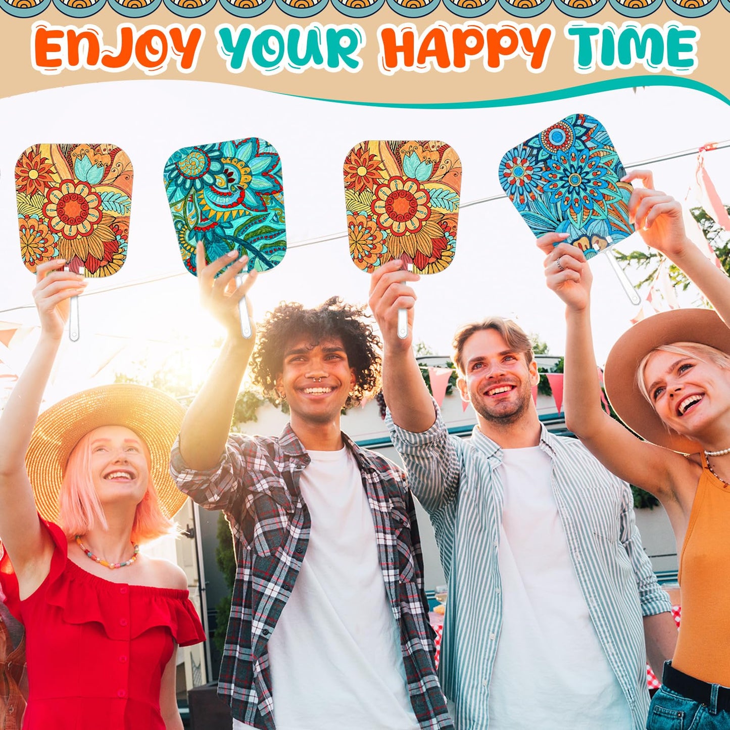 Geelin 48 Pcs Mandala Painting Art Kit Handheld Fan Set Including Fan and Handle 4 Styles DIY Painting Paper Fans for Christmas Crafting Birthday Supplies Outdoor Games Holiday Party Decor