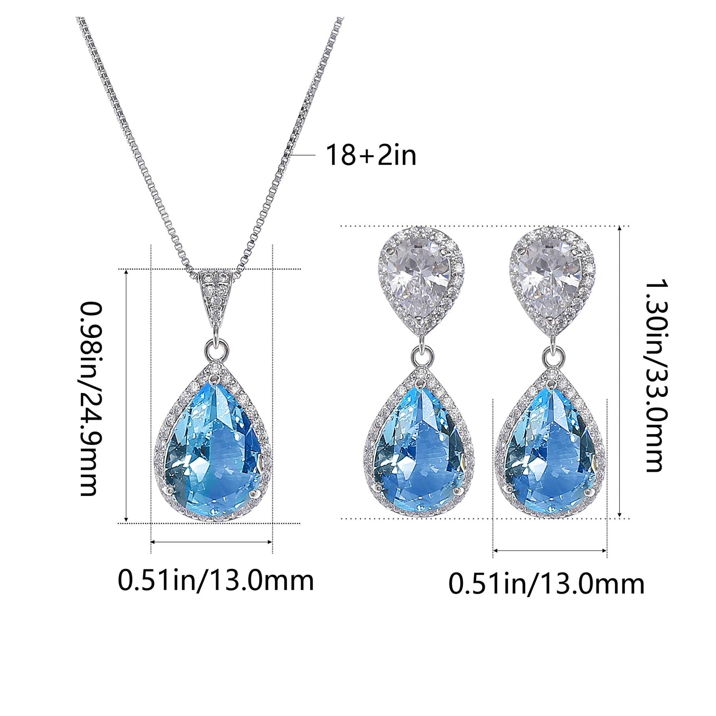 AMYJANE Wedding Jewelry Set for Women - Sterling Silver Teardrop Aquamarine blue Cubic Zirconia Crystal Rhinestone Drop Earrings and Necklace Bridal Jewelry Sets for Bridesmaids