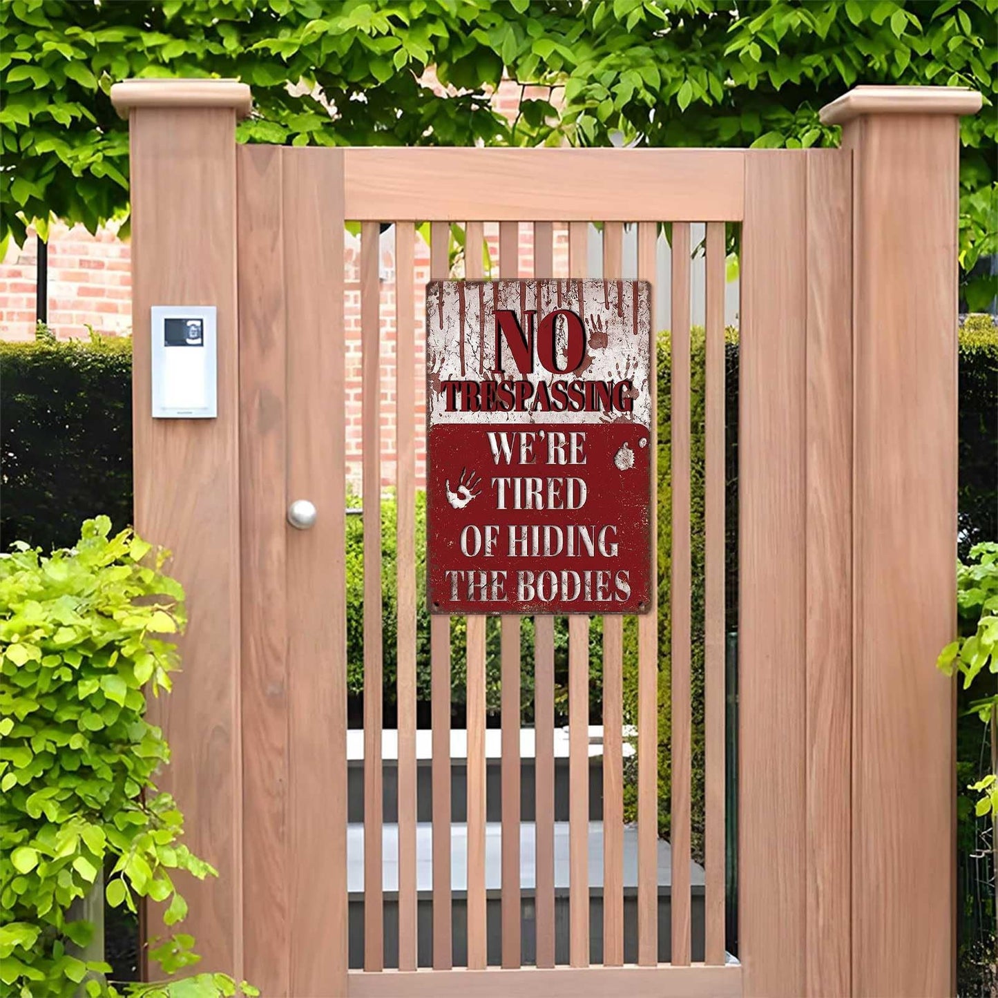 No Trespassing Halloween Sign for Outdoor Scary Decor-We're Tired of Hiding The Bodies 8x12 Inch for Door, Yard, and Party Halloween Gifts
