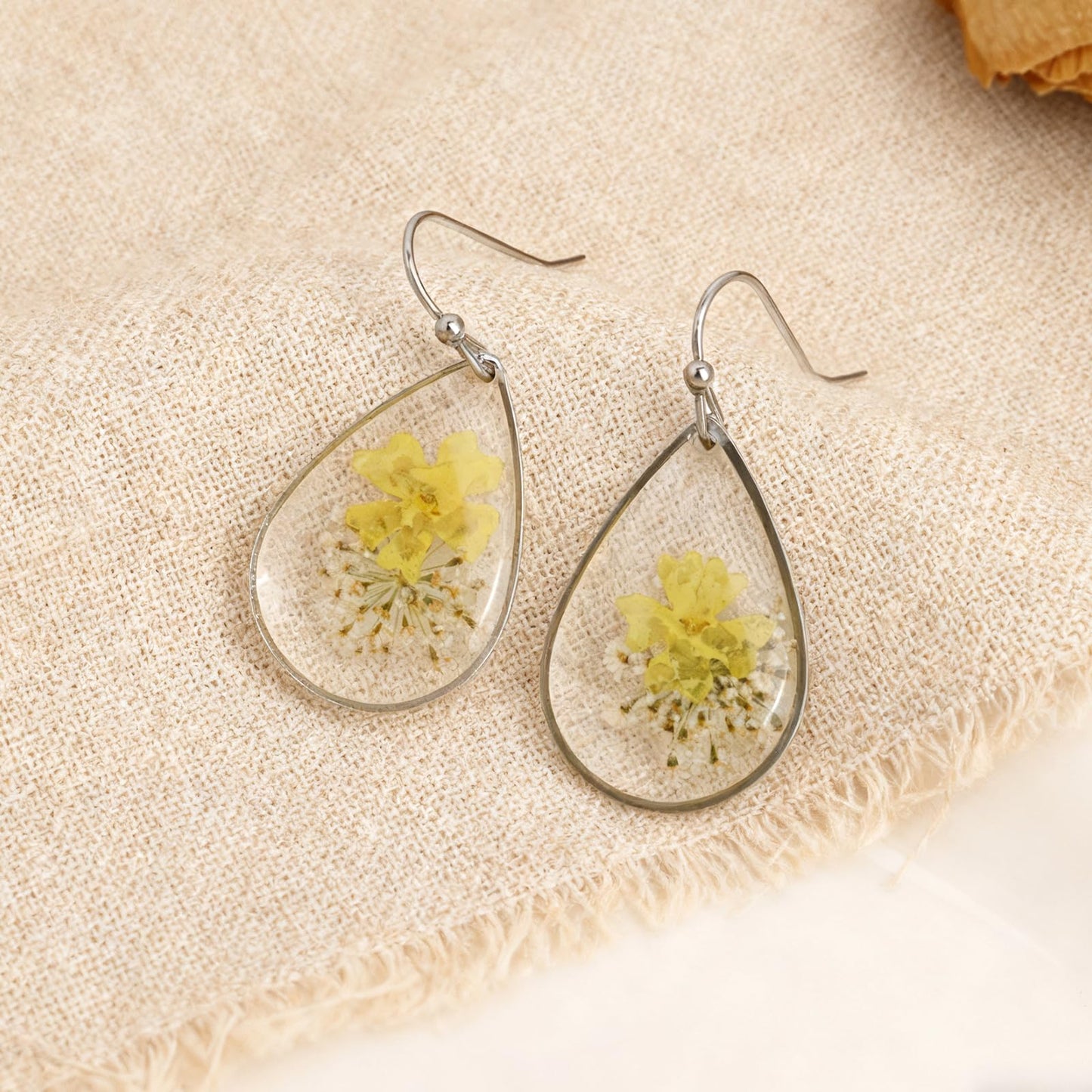Jean Beau Handmade Pressed Flower Earrings for Women, Unique Resin Yellow Dried Flowers Sterling Silver Teardrop Dangle Drop Nature Floral Earings Fashion Summer Jewelry Gift