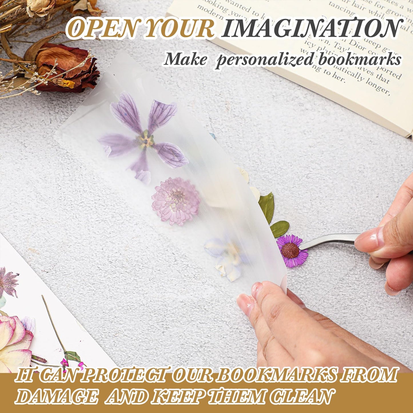 Fuyoooo 376 Pcs Dried Flower Bookmark Making Kit, DIY Bookmark Laminating Pouches with Tassels and Puncher, Handmade Craft Kit for Women, DIY Gifts for Book Lovers (Purple,2 x 6 Inch)