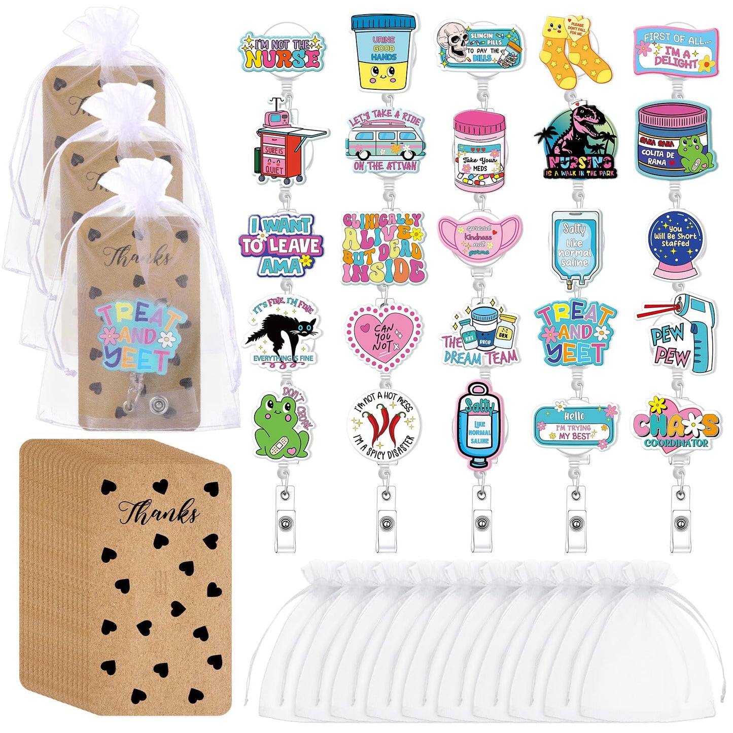Liliaafar 25 Sets Nurse Funny Badge Reel Cute Retractable Name ID Clip with Cards and Organza Bags Acrylic Badge Holder for Doctor Medical Assistant Men Women Office Lanyard Supplies Bulk Gifts
