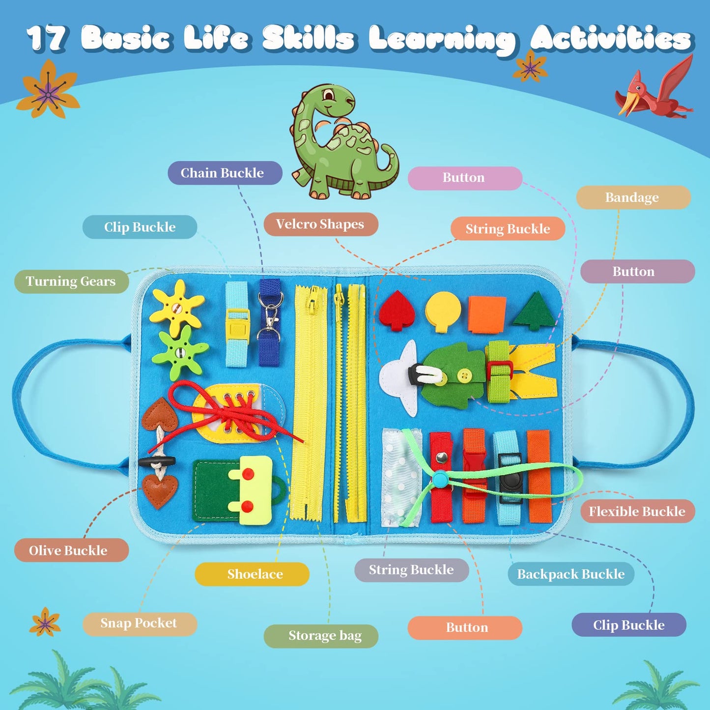Toddler Busy Board Montessori Toys - Sensory Busy Book for Toddlers 1-3, Dinosaur Learning Activity for Fine Motor Skills, Airplane Car Travel Toy, Birthday Gift for 1 2 3 Year Old Boy Girl