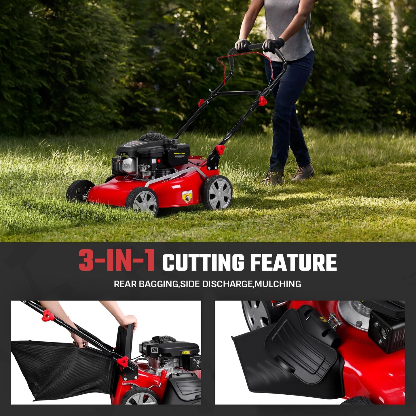131cc Gas Lawn Mower, Self-Propelled Rear-Wheel Drive, 18 Inch Cutting Width, 50L Grass Bag, 3-in-1 Mulching/Side Discharge/Rear-Bagging, Lightweight Push-Button Start Mower for Thick Slopes Red