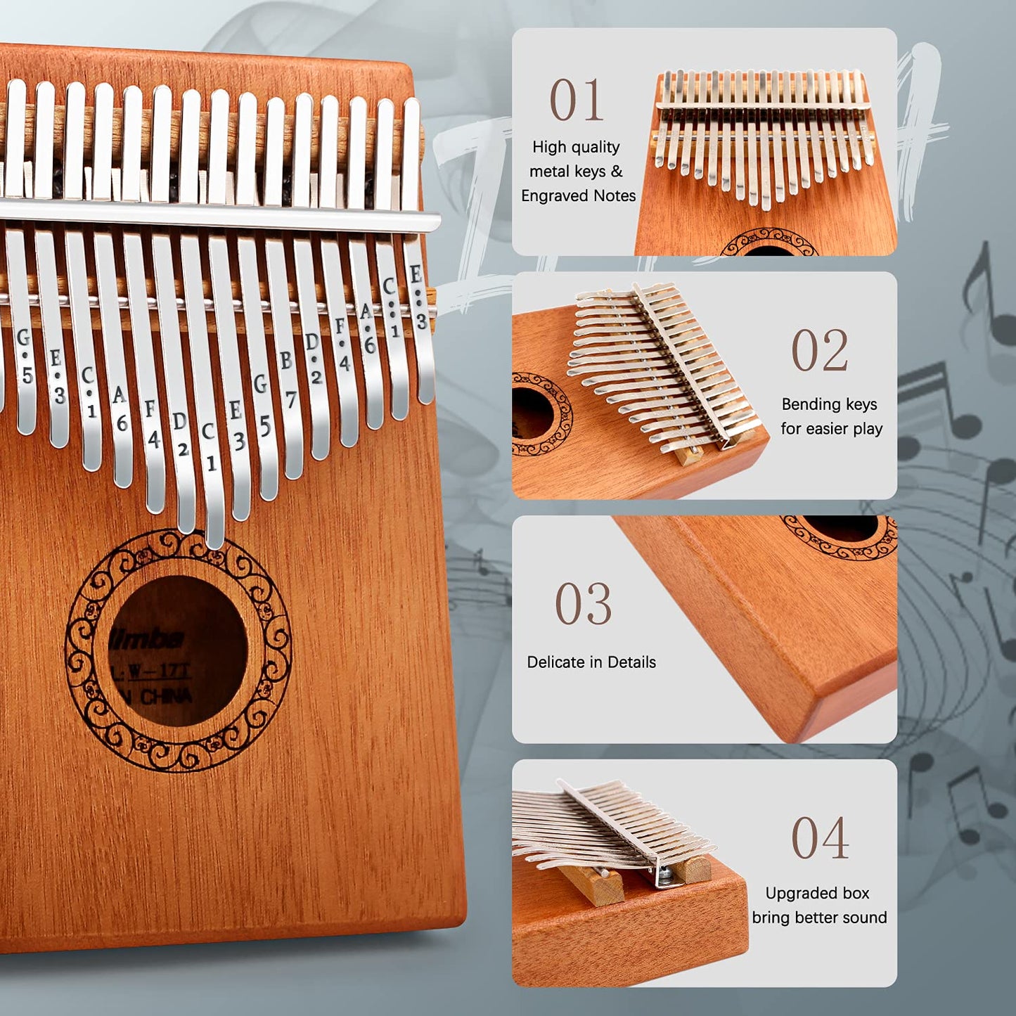 Kalimba Thumb Piano, YUNDIE Portable 17 Keys Mbira Finger Piano with Tune Hammer and Instruction,Musical Instruments Birthday Gift for Adult Beginners Professional(Brown)