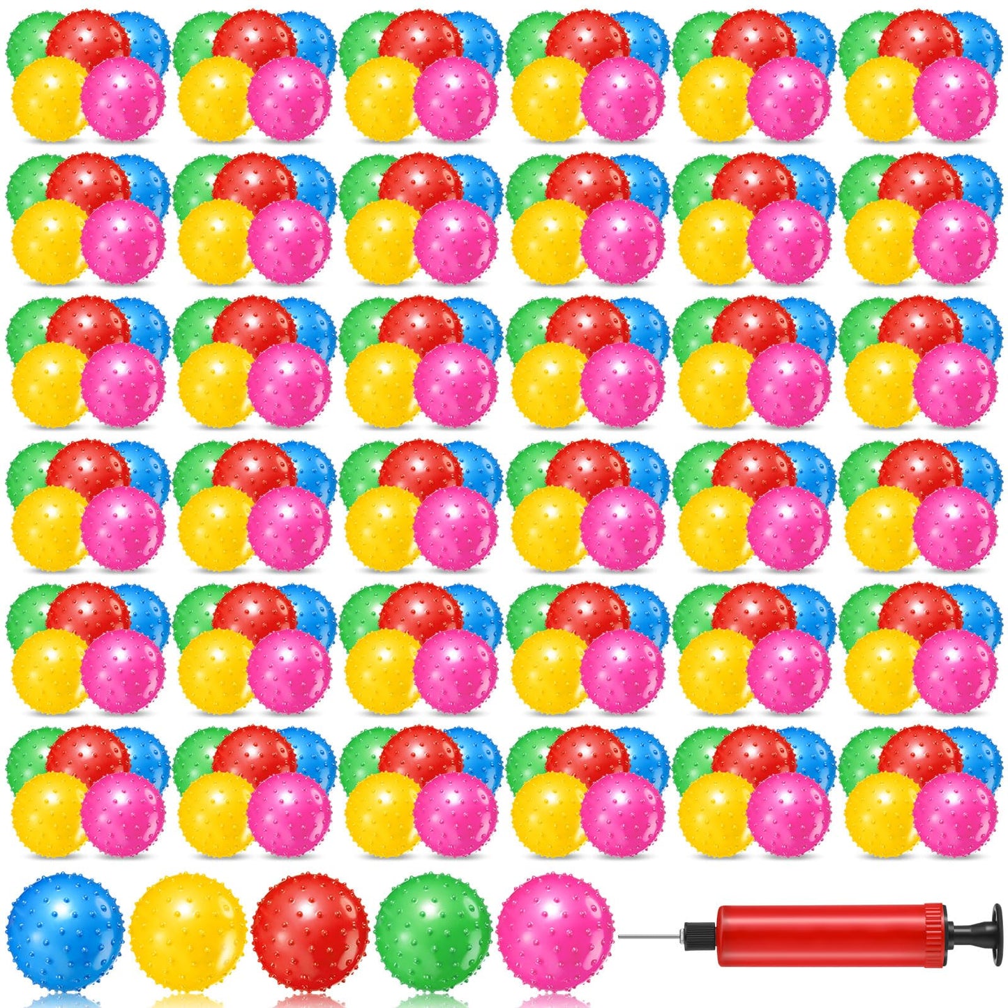 Lenwen 200 Pcs Kids Knobby Balls 6.3 Inch Soft Bouncy Balls Bulk for Toddlers Inflatable Sensory Toys with Air Pump Spiky Massage Stress Toys for Kindergarten Playground Backyard Pool, 5 Color