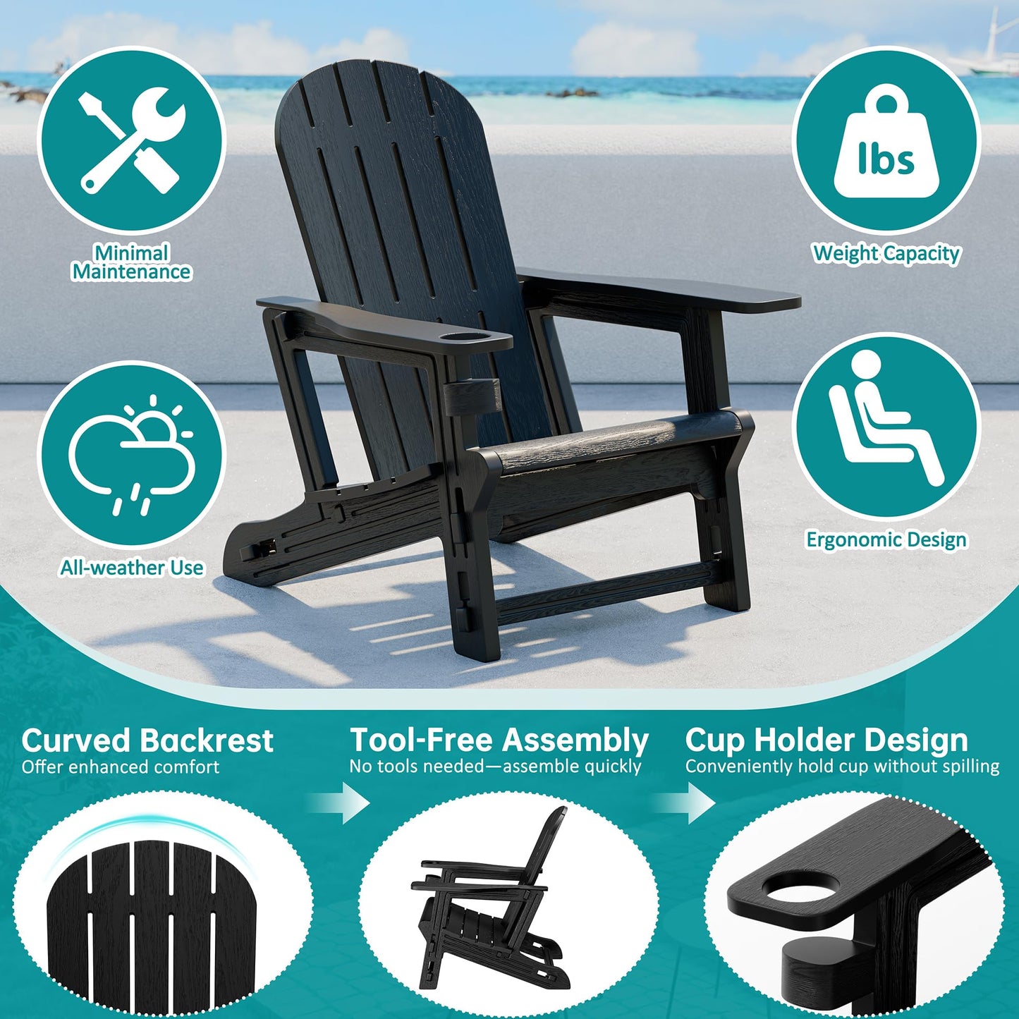 Shintenchi Adirondack Chairs Set of 2,HDPE Adirondack Chairs w/Removable Tablelop & Umbrella Hole,All-Weather Wooden Textured Plastic Outdoor Chairs w/Cup Holders for Garden Backyard Pool,Black